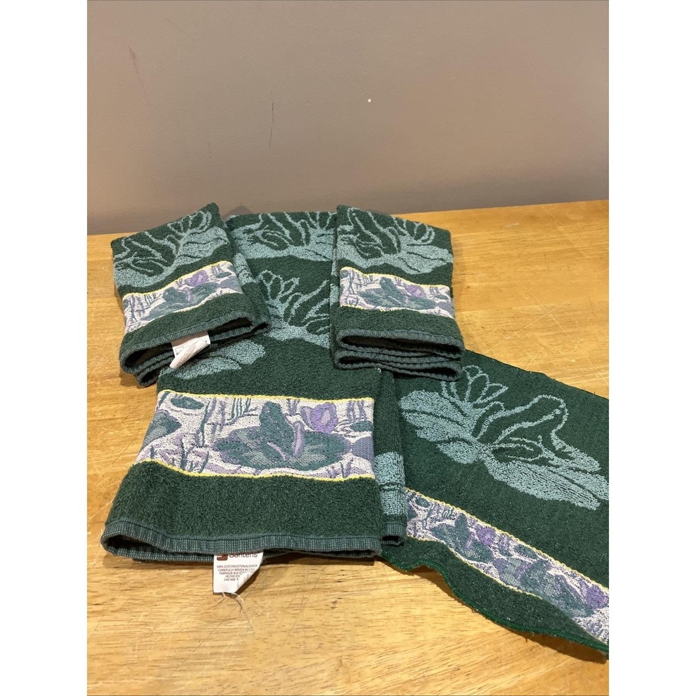 Vtg Santens Frogs Bath Towel Set Green Purple Granny‎ Lilypad